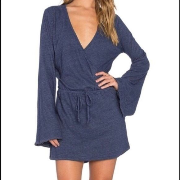 Chaser Surplice Faux Wrap Mini Dress Navy Bell Sleeves Drawstring Women Small - Picture 1 of 8